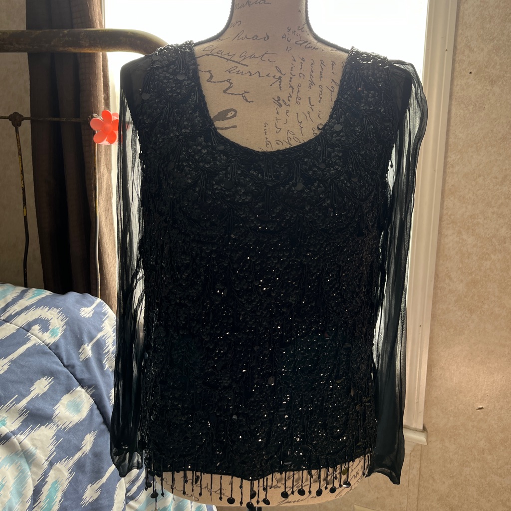 Vintage Hand Beaded Top, 100% Wool, Made In Hong Kong